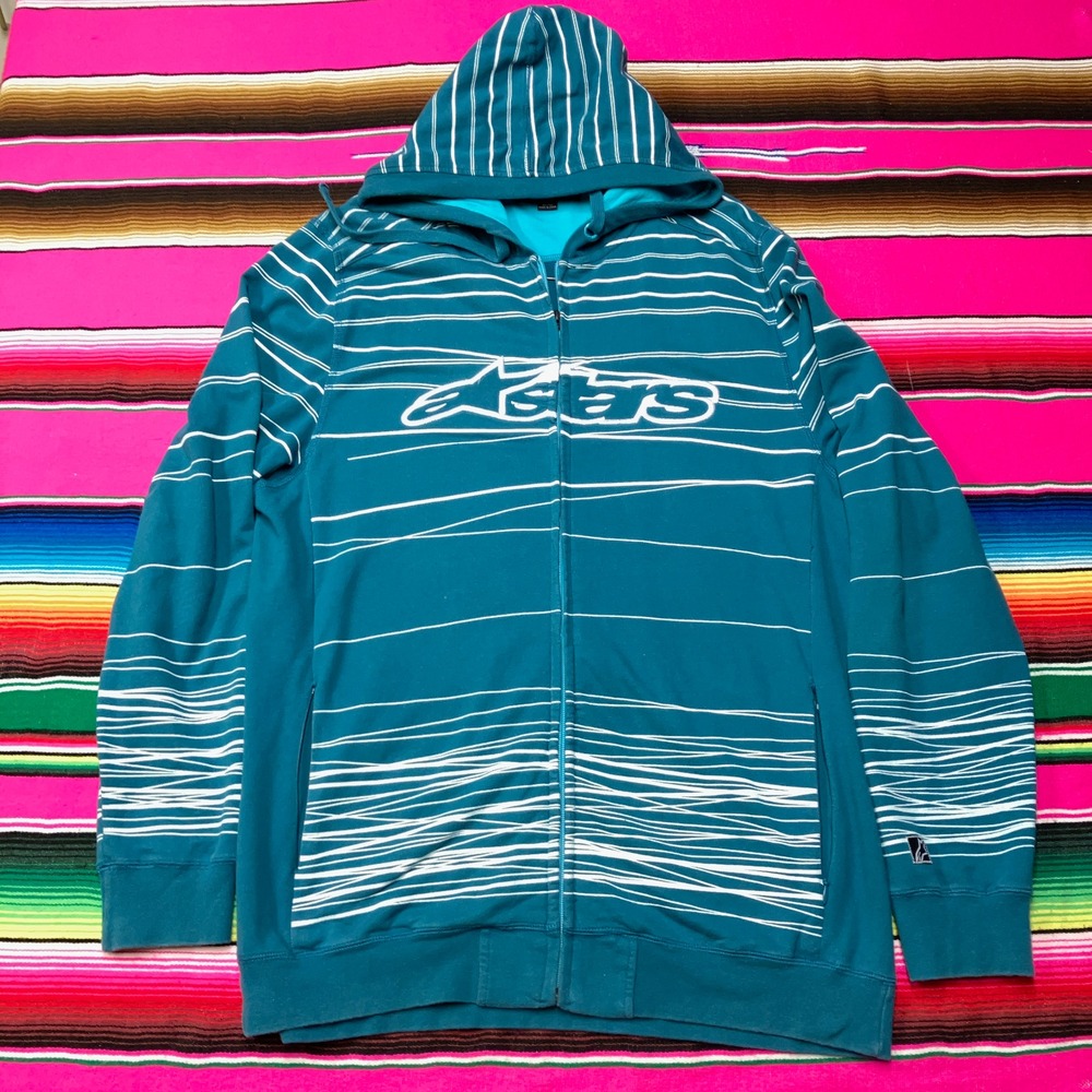 Vintage Alpinestars Hoodie‎ Men's XL Teal Blue Full Zip Motocross Skate Y2K